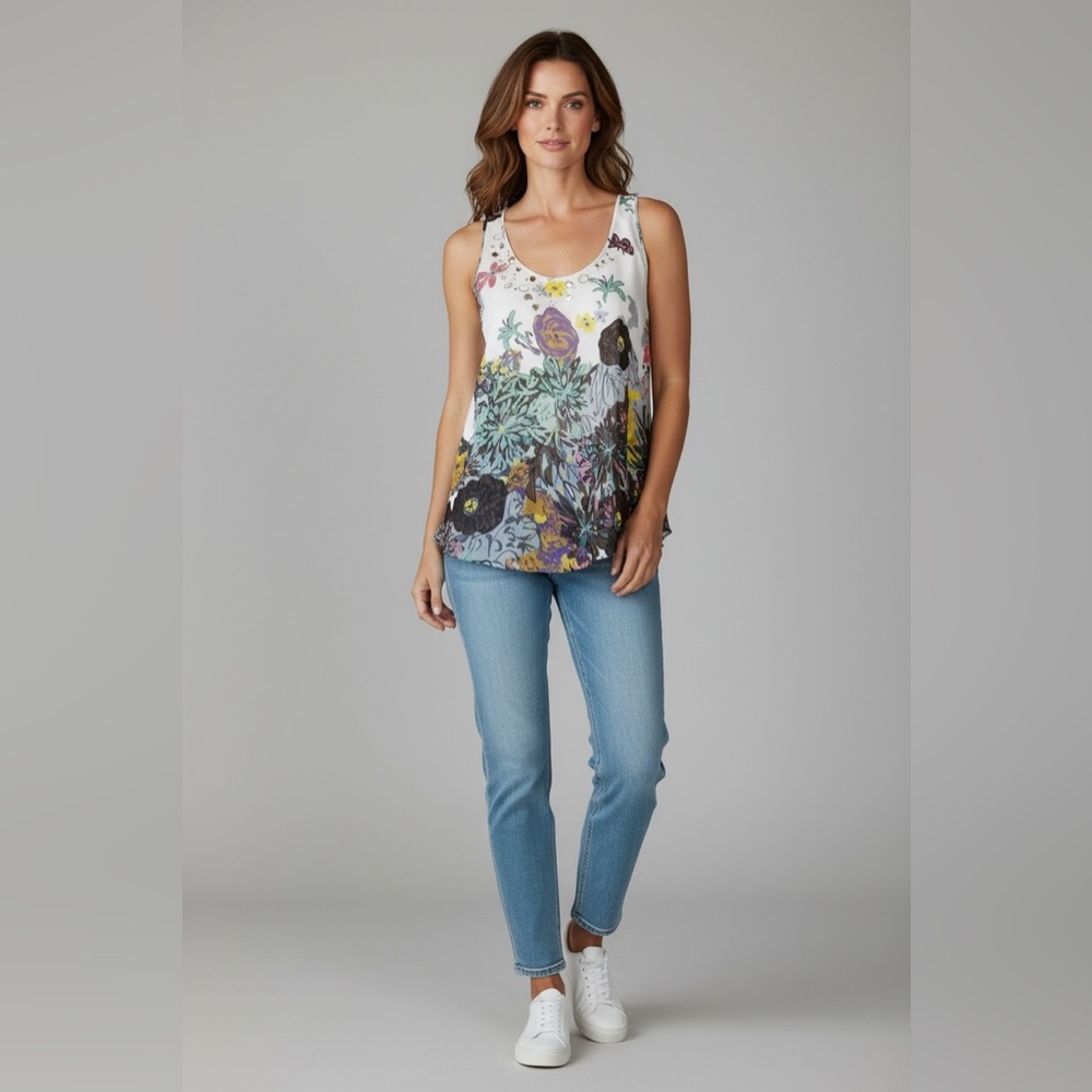 NWOT Floral Sleeveless Flowy Tank Top - White Multi/XS